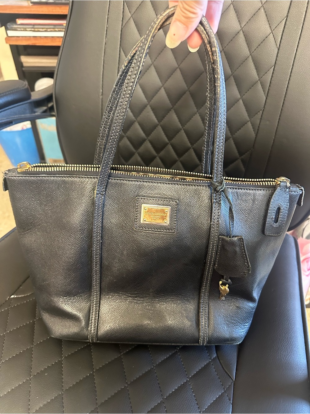 Dolce Gabbana miss escape Black Leather Tote Handbag with Gold Plaque